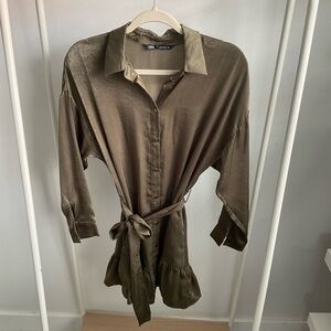 Zara Green Satin Button Down Shirt Dress